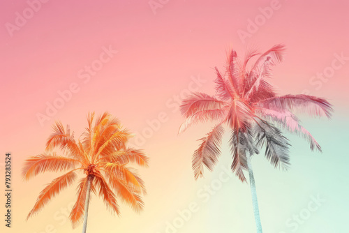 Palm trees on tropical beach in pink and orange colors. Generative AI © barmaleeva