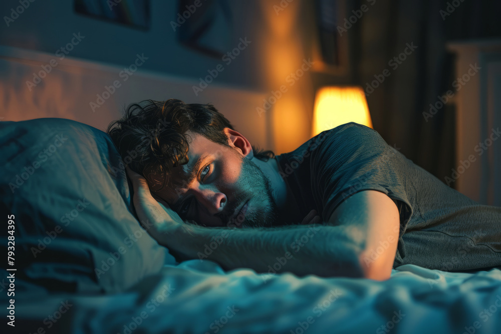 Man suffering from insomnia, sleep apnea or stress. Tired and exhausted guy. Generative AI Man suffering from insomnia, sleep apnea or stress. Tired and exhausted guy. Generative AI