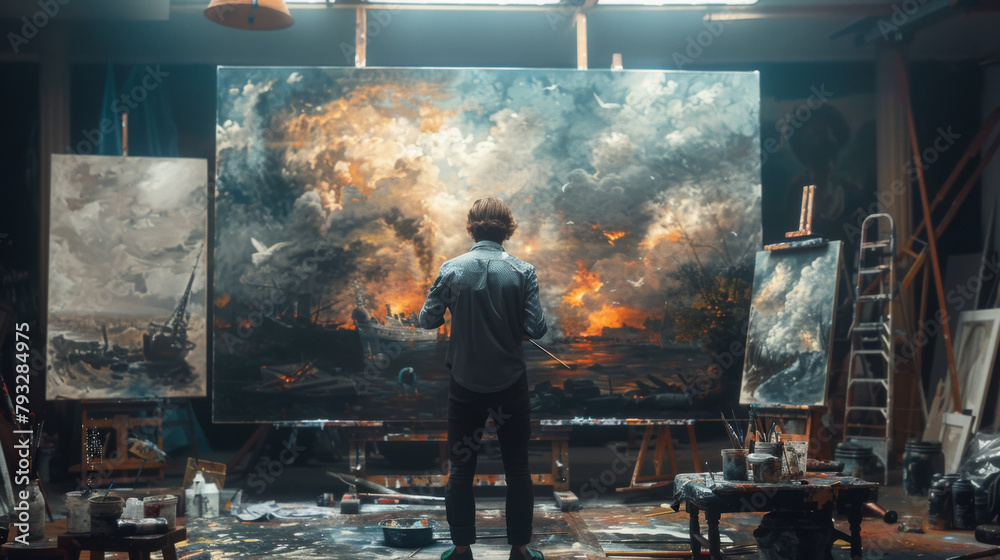Artist facing a large canvas in a dimly lit studio, absorbed in painting a vivid landscape. Artist facing a large canvas in a dimly lit studio, absorbed in painting a vivid landscape.