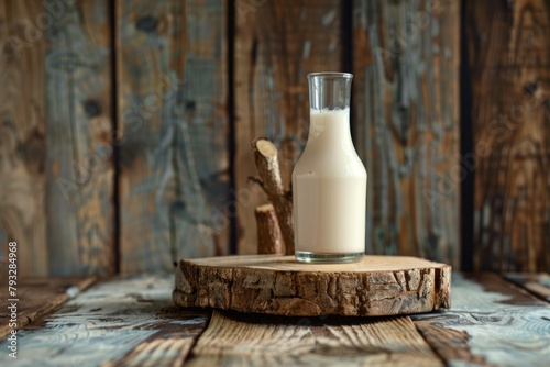 Pouring kefir  milk  or ayran drink into glass cup on wooden stand  rustic table  copy space