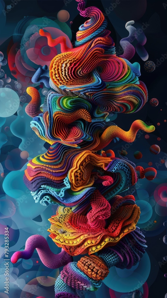 A vibrant digital artwork featuring a colorful, abstract, swirling form against a dark background with floating shapes