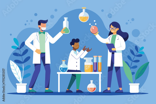 A team of scientists in lab coats conducting experiments and discussing results around a table, scientists test drugs, Simple and minimalist flat Vector Illustration