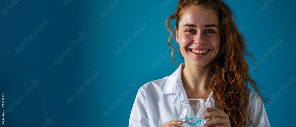 Smiling Female Scientist with Beaker, Laboratory Research, Red-Haired Chemist on Blue Background, Medical Professional in Science, Copy Space