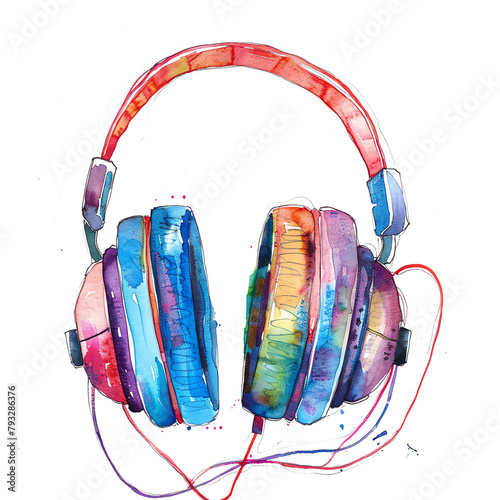 Minimalistic watercolor illustration of DJ headphones on a white background, cute and comical.