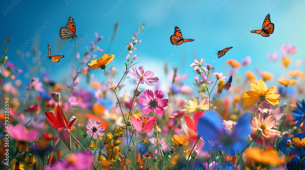 Fototapeta premium Summer meadow - wild flowers and butterflies. Horizontal banner