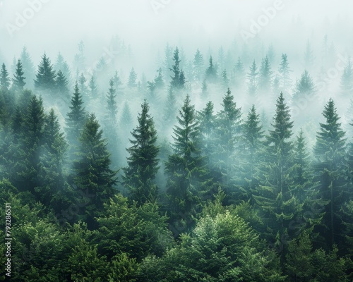 Panoramic view of coniferous forest on a sunny day with misty tree tops and lush foliage