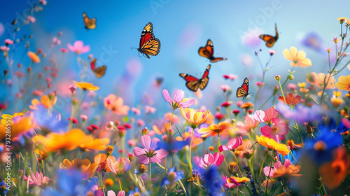 Summer meadow - wild flowers and butterflies. Horizontal banner © Bogna