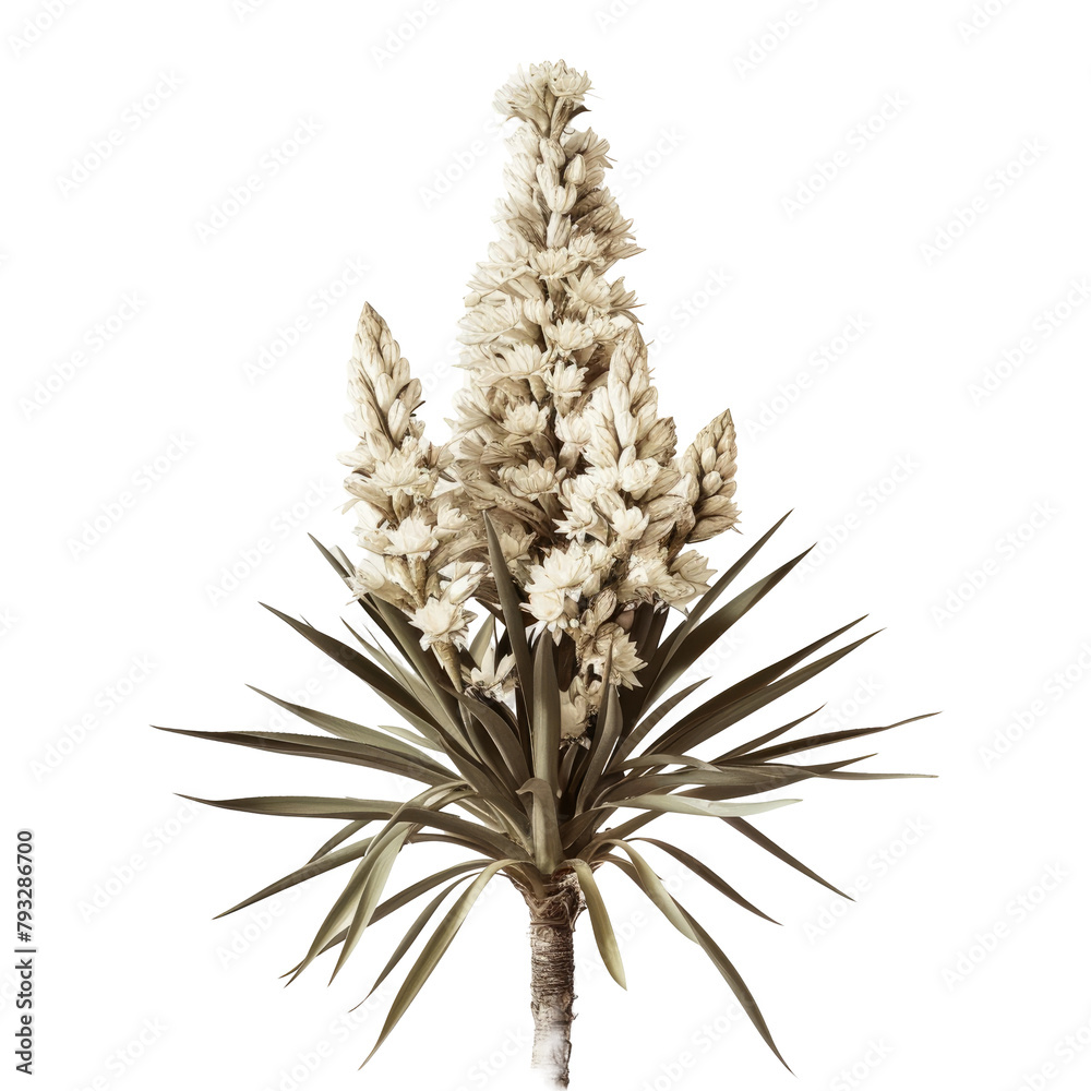 Fototapeta premium A stunning image of a palm tree yucca in full bloom from Elche Spain stands out against a transparent background
