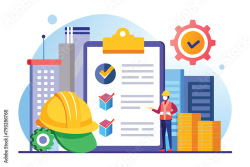 Man Standing Next to Checklist on Clipboard, Security of construction business documents trending, Simple and minimalist flat Vector Illustration