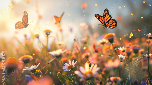 Summer meadow - wild flowers and butterflies. Horizontal banner