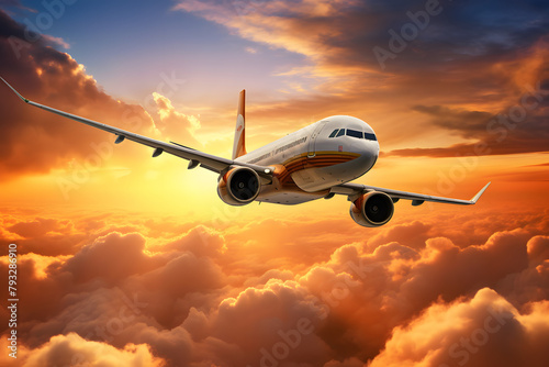 Airplane flying in colorful sky during sunset