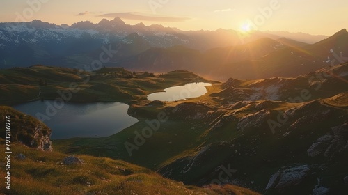 Sunny sunset at zittauerhuette refuge, lower gerlossee, austria - scenic view of wildgerlossee lake