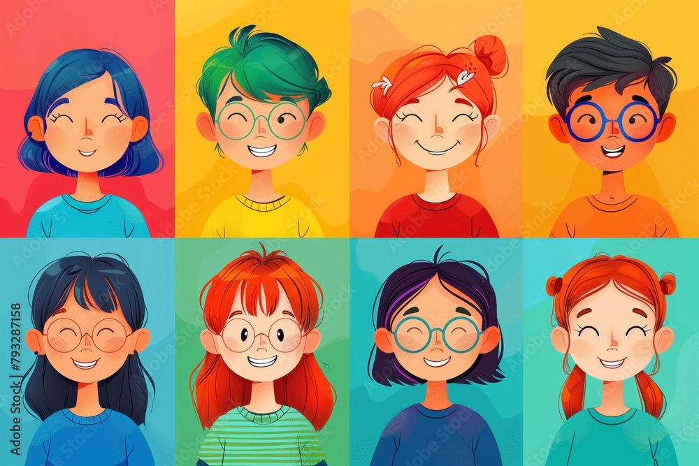 Set of positive emotions and feelings in children: smiling children, boys and girls on multi-colored background. Emotions of happiness in boys and girls. Concept of emotions for psychologists - obrazy, fototapety, plakaty 