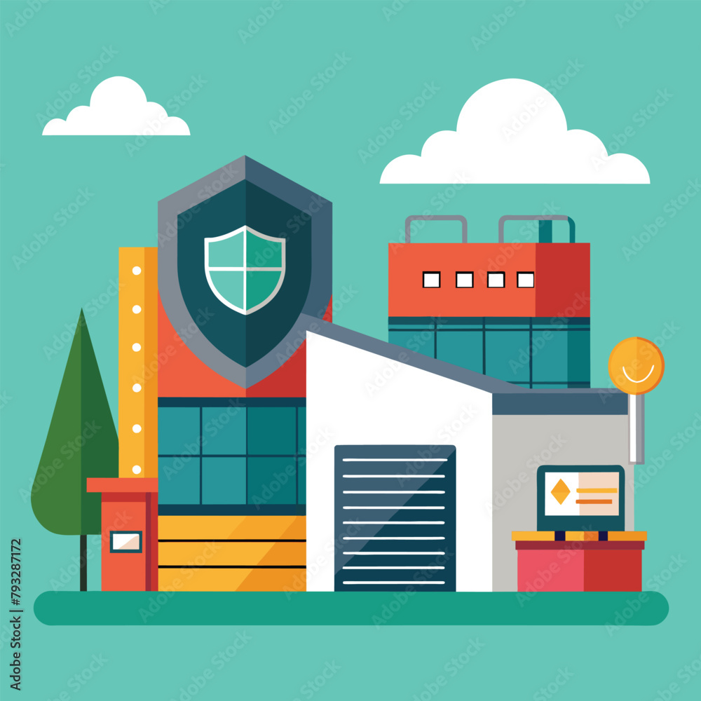 A building displaying a shield structure on its rooftop, symbolizing security and protection, Security on large storage, Simple and minimalist flat Vector Illustration A building displaying a shield structure on its rooftop, symbolizing security and protection, Security on large storage, Simple and minimalist flat Vector Illustration