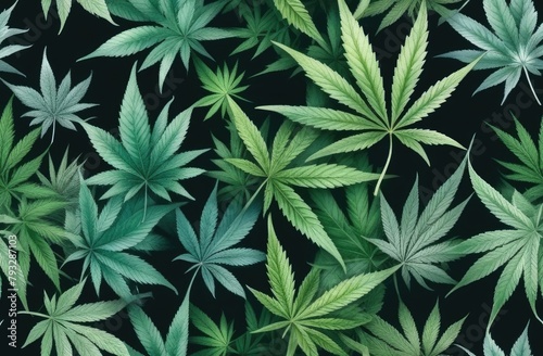 cannabis leaves on dark background, pattern. medical marijuana, watercolor illustration