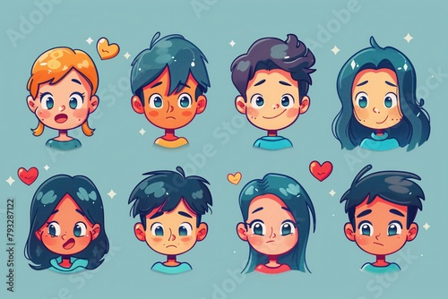 Set of different emotions and children feelings: love, embarrassment, joy, surprise, sadness, shame. Emotions in boys and girls isolated on pale blue background. Concept of emotions for psychologists