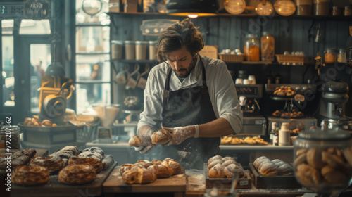 A baker arranges freshly baked bread in a quaint, rustic bakery setting.