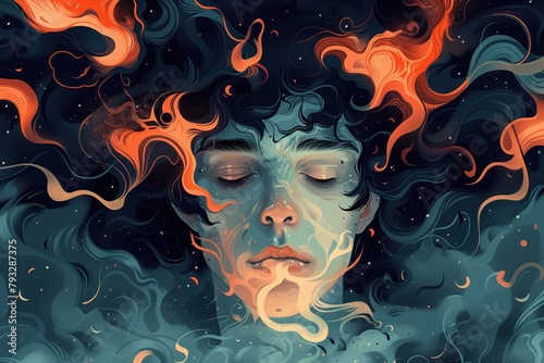 Person suffering from psychological disorders. Young man in 20s with eyes closed, overwhelmed by obsessive thoughts. Face close up. Psychological disorder concept