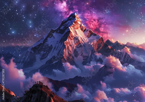 A mountain peak surrounded by clouds and mist at night with the Milky Way galaxy in view. The top of Mount Everest is visible above the cloud line