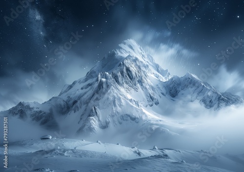 A mountain peak surrounded by clouds and mist at night with the Milky Way galaxy in view. The top of Mount Everest is visible above the cloud line