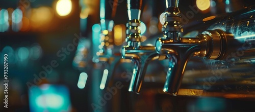 Closeup of beer tap lines in a bar against a dark background Generative AI