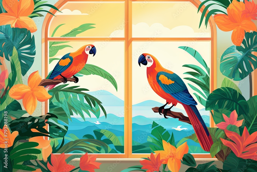 Naklejka premium Tropical Toucans & Parrots: Vibrant Summer Posters - Window Displays for Travel Agencies