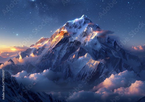 A mountain peak surrounded by clouds and mist at night with the Milky Way galaxy in view. The top of Mount Everest is visible above the cloud line © Glebstock