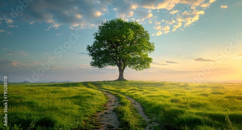 a tree in a field with a sky background