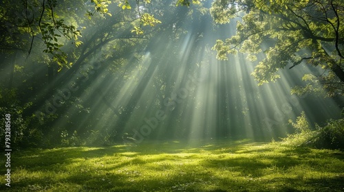 Enchanting green forest illuminated by warm sunlight on a beautiful and sunny day