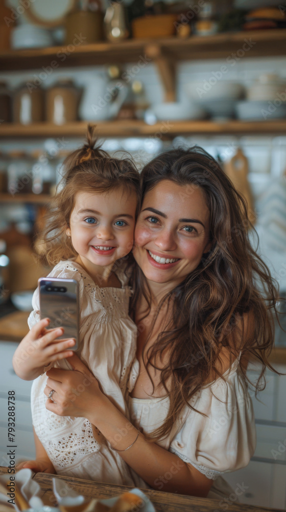 Fototapeta premium A smiling young woman with her joyful little girl, holding a smartphone in a cozy kitchen setting.