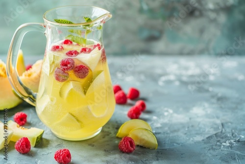 A pitcher of lemonade with raspberries, apples, and mint on a table