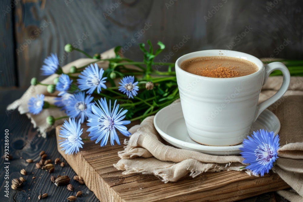Alternative to coffee. Healthy drink chicory. Chicory coffee in a cup on a table. Copy space Alternative to coffee. Healthy drink chicory. Chicory coffee in a cup on a table. Copy space