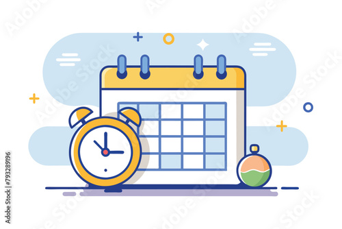 A calendar displaying a schedule with an alarm clock set next to it for timely reminders and notifications, Set a schedule with an alarm trending, Simple and minimalist flat Vector Illustration