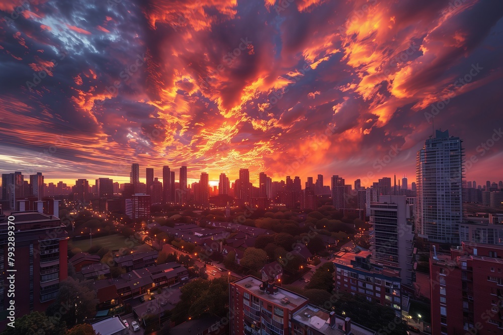 Fototapeta premium User.A stunning sunset over the city skyline, with dramatic clouds and warm hues creating an enchanting picture of urban beauty