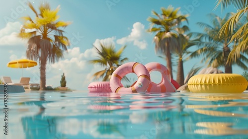 a pool with a yellow umbrella in the background and palm trees in the foreground