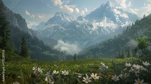 f a mountain range with flowers in the foreground and clouds in the background