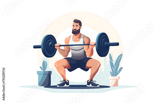 Illustration of a muscular man lifting weights in a home gym setting with indoor plants. Generative AI