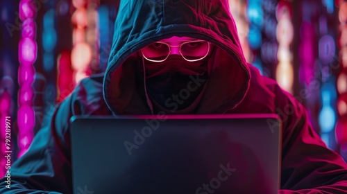 a man in a hooded jacket is using a laptop computer at night