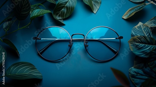 a pair of blue tinted glasses on a blue background with leaves around it