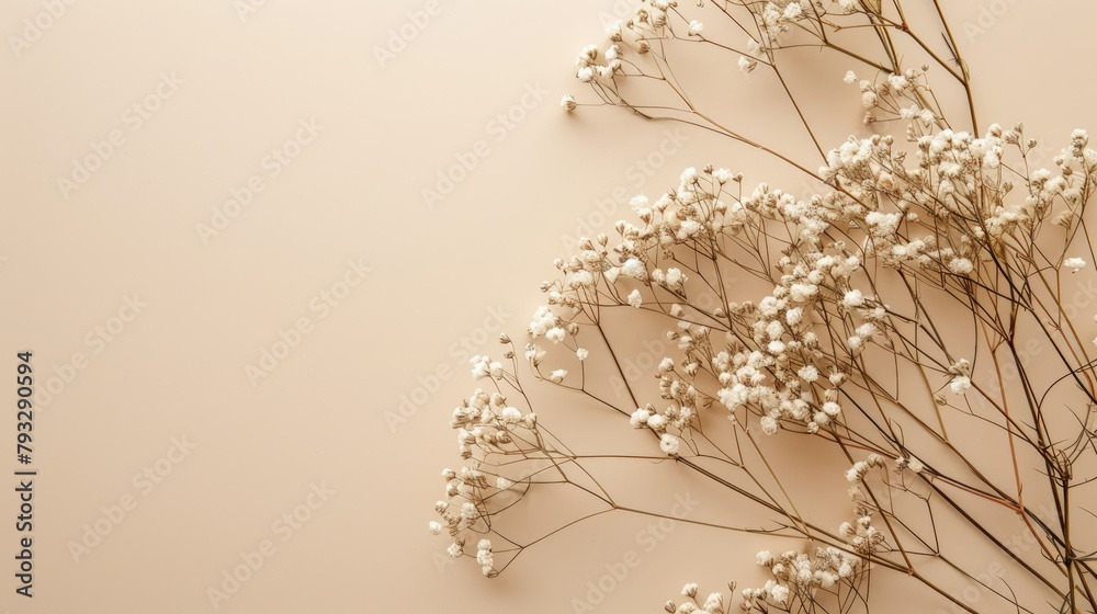 A stunning flat lay arrangement featuring delicate gypsophila also known as baby s breath set against a serene beige backdrop Plenty of room for any text you wish to add Dried flowers elega