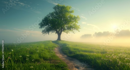 a tree in a field with a sky background © progressman