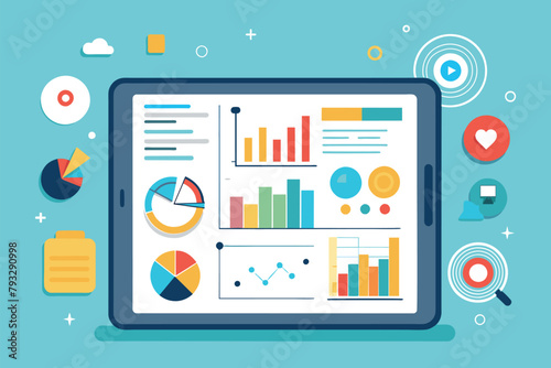 Tablet Displaying Business Analysis Graphs and Pies, Showing business analysis on tablet screen, infographic, statistics, Simple and minimalist flat Vector Illustration