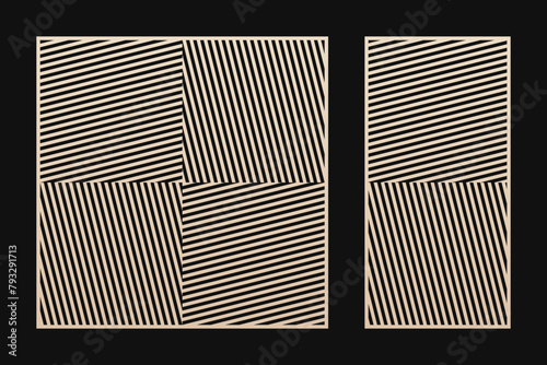 Decorative stencils for laser cut. Vector panels with abstract geometric pattern, line, stripes, tiles. Modern oriental style ornaments. Template for cnc cutting of wood, metal. Aspect ratio 1:2, 1:1
