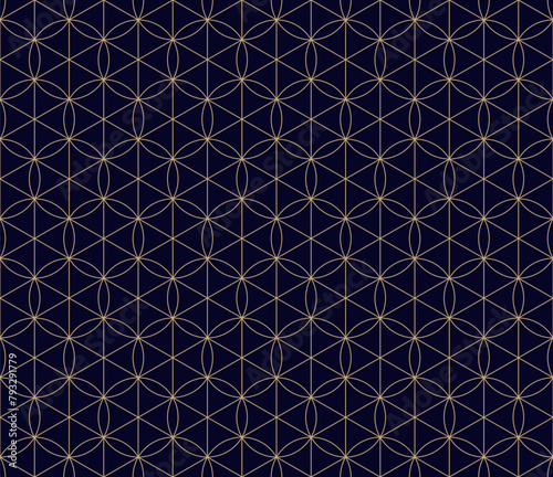 Modern minimal vector geometric seamless pattern with thin lines, hexagons, triangles, circles, grid. Black and gold abstract background. Simple golden luxury linear texture. Repeated geo design