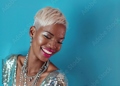 Joyful African American woman with stylish short hair. Generative AI image photo