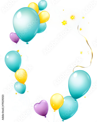 Colorful festive holiday balloons frame on a transparent background without background. Holiday card template banner design