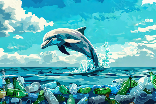 Common dolphins leap out of azure water amidst plastic pollution,illustration in comic style photo