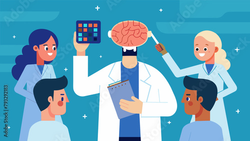 A scientist in a white lab coat carefully inserts a small microchip into the brain of a test subject while a team of researchers look on with.