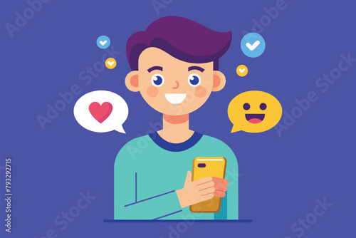 A man holding a smart phone in his hand, focusing on the screen, Social media emoji with person holding mobile and phone, Simple and minimalist flat Vector Illustration