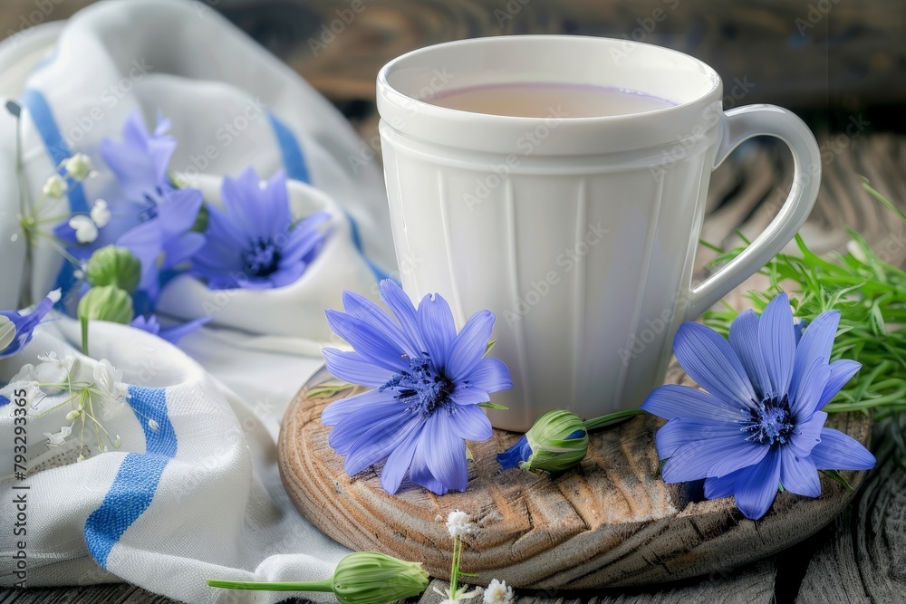 Healthy chicory drink in cup decorated chicory flowers on a table. Herbal beverage, coffee substitute. Close up. Copy space